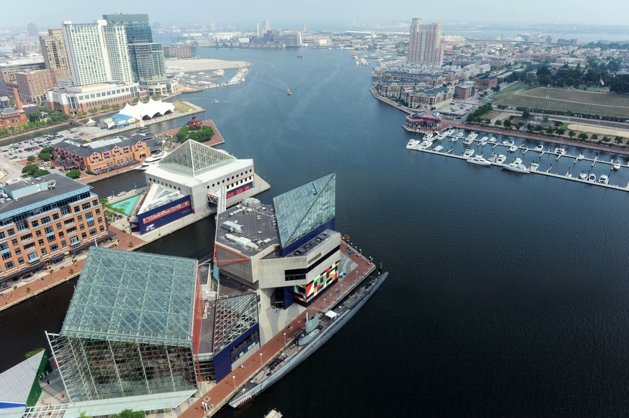 Aerial view of Baltimore Harbor on a sunny day would be perfect for a conference or event
